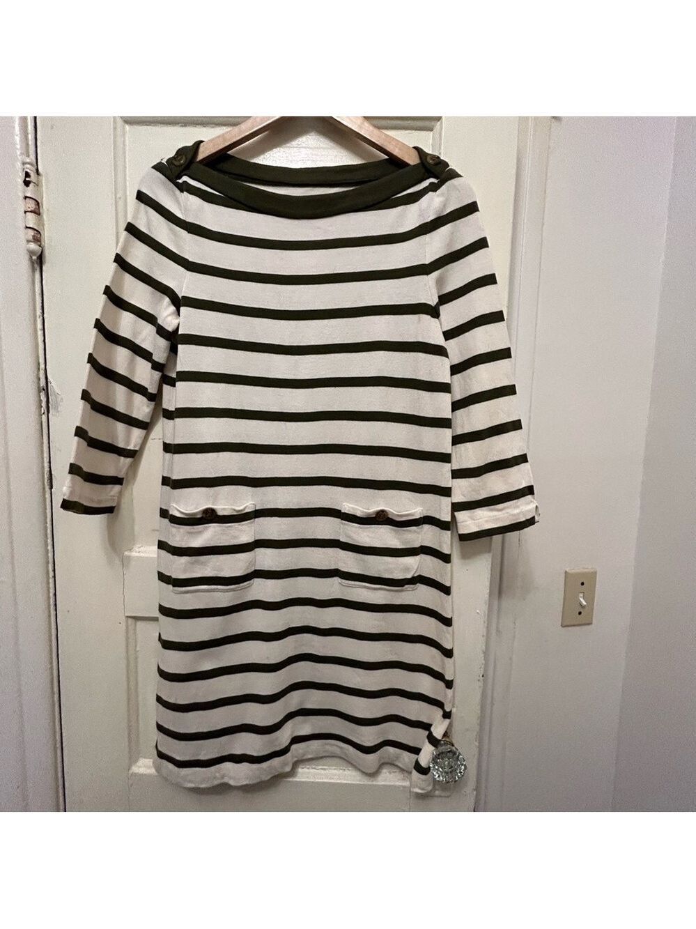 Kate Spade Dress Cream Olive Nautical Stripe Tunic Sz M Boat Neckline Pockets